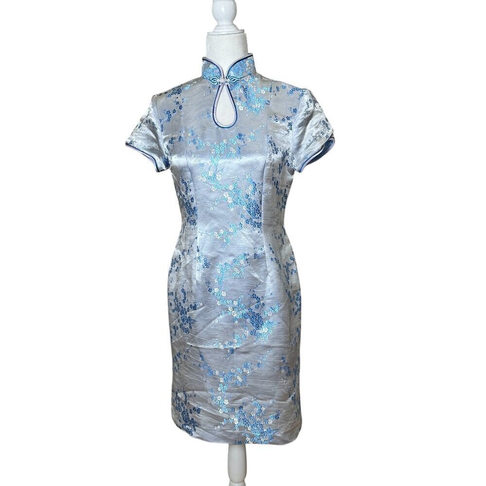 Vintage Cheongsam Midi Mid Length Satin Dress Size Medium